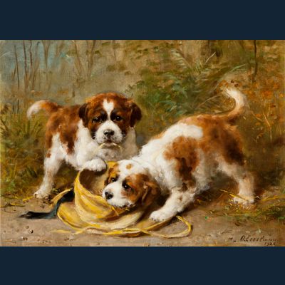 Twee Sint Bernard puppies spelend met een hoed - Otto Eerelman