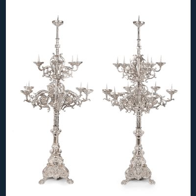 An impressive pair of Dutch silver pricket candelabra