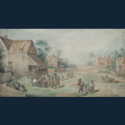 Dorpslandschap met drinkende boeren voor een herberg