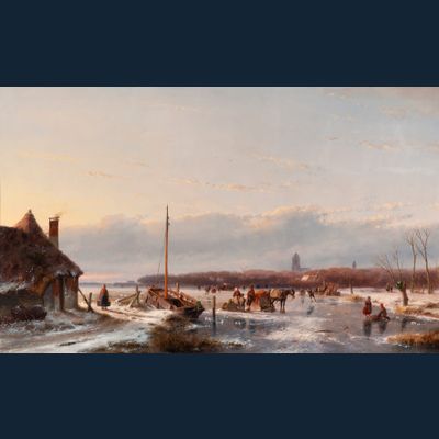 Skaters on the ice near Zaltbommel, The Netherlands