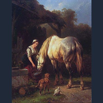 Woman watering a horse