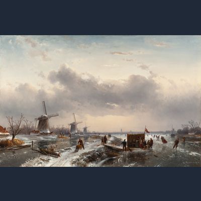 Dutch winterlanschap with three windmills and a koek-and-zopie