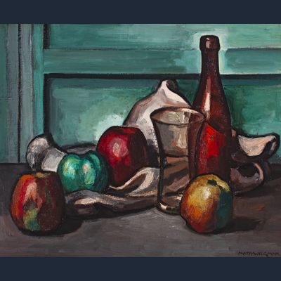 Still life with apples, glass and bottle
