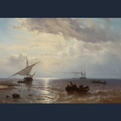 LOUIS JOHAN HENDRIK MEIJER (1809-1866) – SHIPS OFF THE COAST WITH FLAT BOTTOM WITH LOWERED SAILS ON THE LEFT (1858)