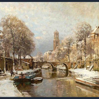 A winter view of the Oude Gracht in Utrecht with the Geertebrug, in the distance the Domtoren