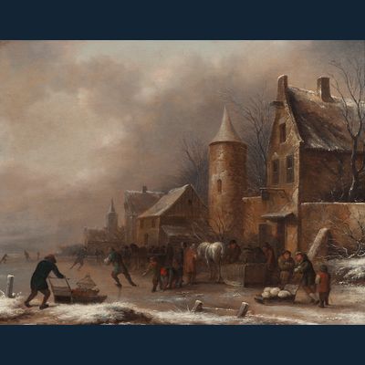 Peasants skating on a frozen river