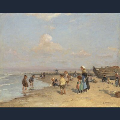 Beach scene with children playing and fishing boat on the right