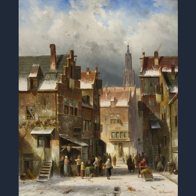 Dutch village view in winter with many figures