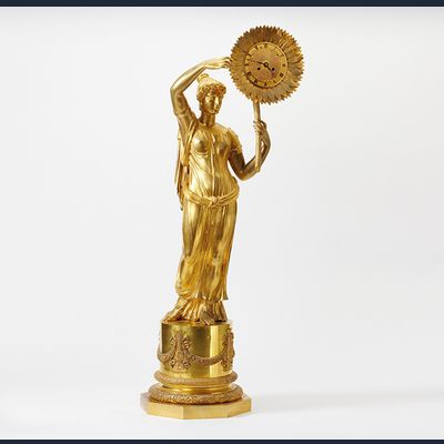 Illustrious designed French clock, gilt bronze by Claude Galle (1759-1815), Clytia and sunflower, H 92 cm, Empire 1810.