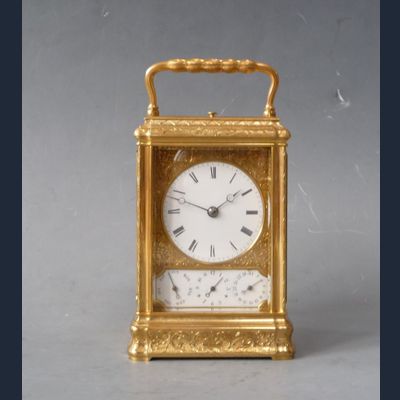 Een mooie gorge case  Franse reiswekker, Drocourt, 8 daags, kalender en wekker, gedateerd 1868.