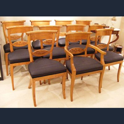 Grote set van 12 iepenhouten Empire eetkamerstoelen