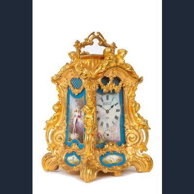 A rare French gilt Sevres mounted Rococo case carriage clock, Drocourt circa 1860