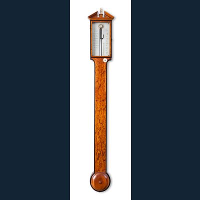 Een Engelse satijnhouten stickbarometer, James Long Royal Exchange, circa 1780