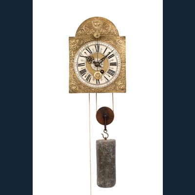 A Swiss brass and iron 'Kuhschwanz' alarm wall timepiece, circa 1720