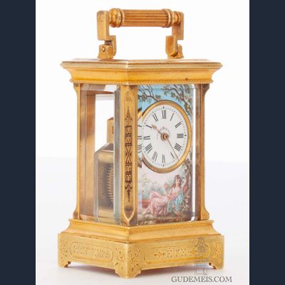 A sub miniature Swiss gilt brass and enamel carriage clock, circa 1890.