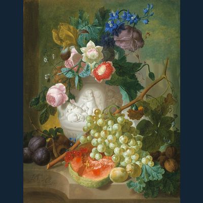 Stilleven met bloemen en vruchten