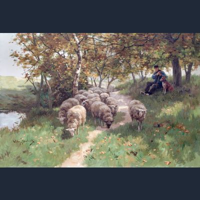 Herder met hond en kudde schapen