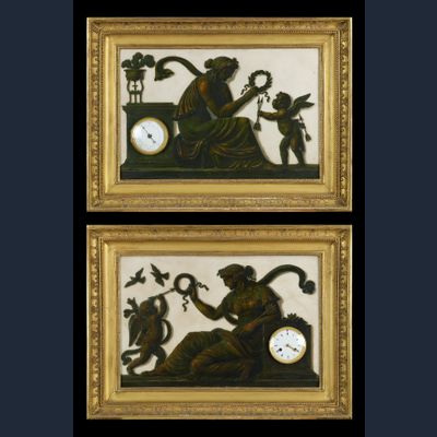 Pair of Empire Trompe l’Oeil paintings with a clock and barometer, Piat Joseph Sauvage