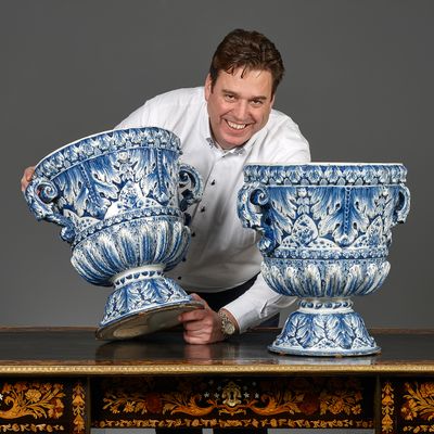 Pair of blue and white Delftware garden vases