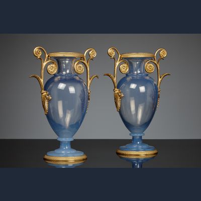 Pair of French Restoration mounted opaline glass vases