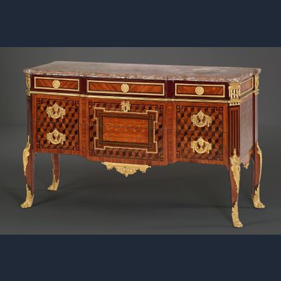 Koninklijke Franse Louis XVI parqueterie Commode, gestempeld Mewesen