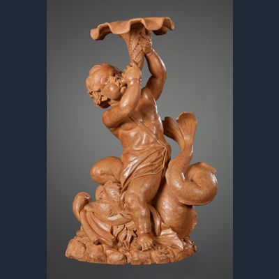 Vlaamse Terracotta sculptuur van Triton op een Dolfijn