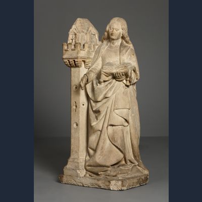 Frans kalkstenen beeld van de Heilige Barbara van Nicomedië