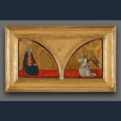 Francesco Botticini (1446-1498), de Annunciatie, bovenzijde van vleugels van een retabel