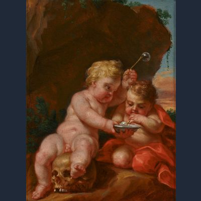 Attributed to Josef Ferdinand Fromiller (1693-1760), Vanitas with two putti blowing bubbles