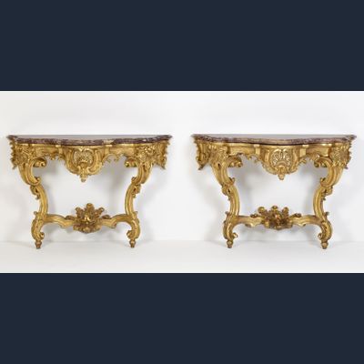 Pair of German Louis XV Giltwood Console Tables