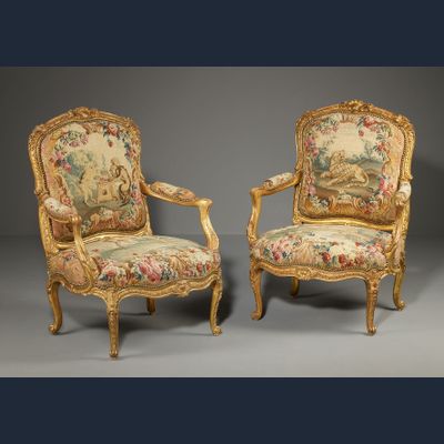 Pair of Louis XV gilt-wood Armchairs from the Waterford Suite, Jean Jacques Tilliard 
