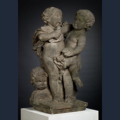 Hollands Zandstenen Louis XIV Tuinbeeld van Twee Putti