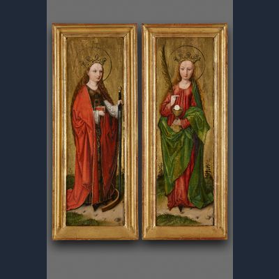 Paar Duitse paneeltjes van de Heilige Catharina en Barbara