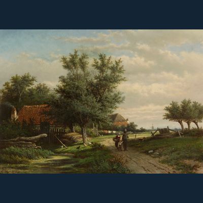 Man, vrouw en kind op een pad nabij boerderijen