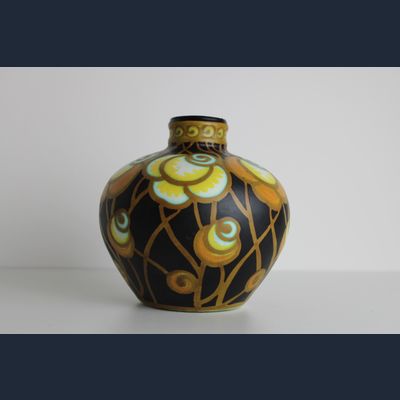Charles Catteau – Boch Keramis , black vase with colorful painted decor D 959, under matt glaze.