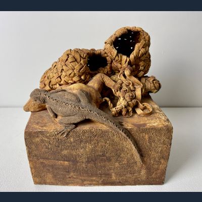 Marion Askjaer Veld, (Strib Denemarken 1943), with the hand formed sculpture of reptiles, executed in artist's atelier Arnhem, 1974