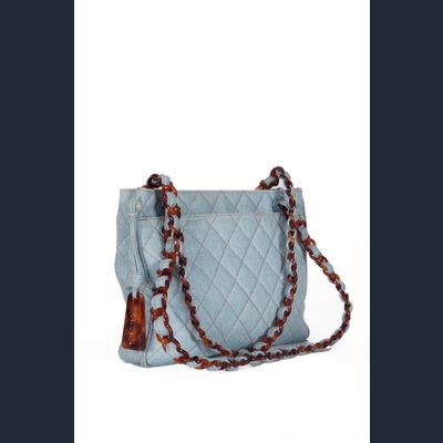 Chanel Blue Denim Quilted Tortoise Chain Shoulder Bag 