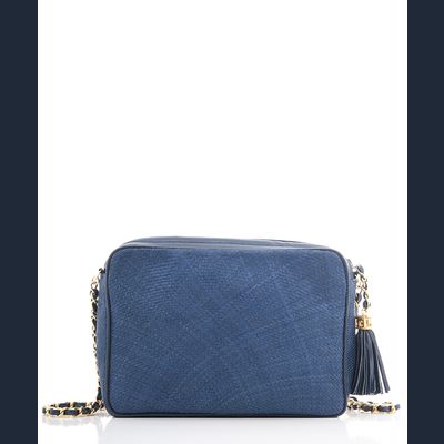  Chanel Camera Schoudertas in Marineblauw Geweven Stro