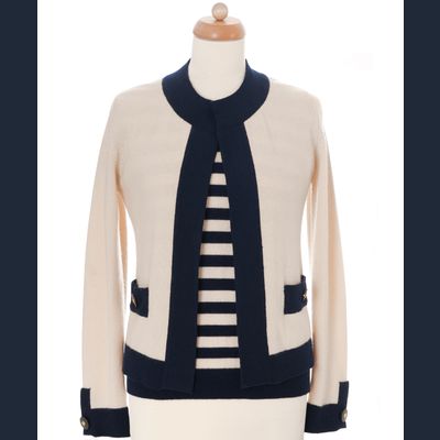 Chanel Cashmere Twinset Blauw/Wit Gestreept 97C