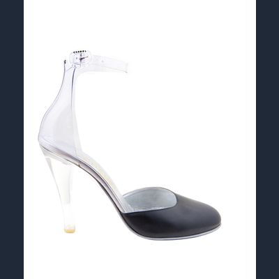 Chanel Zwart Lederen en  Doorzichtig Lucite Enkelband Sandalen
