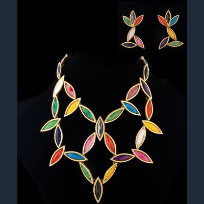 Veelkleurige Parure van Geemailleerd Bergkristal in Geometrische Vormen