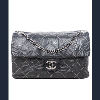 Chanel Black Glazed Goatskin Contrast Double Stitch Flap Bag