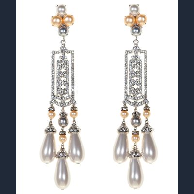 Carlo Zini Milano Oversized Pearl and Swarovski crystals Jeweled Dangle Clip Earrings