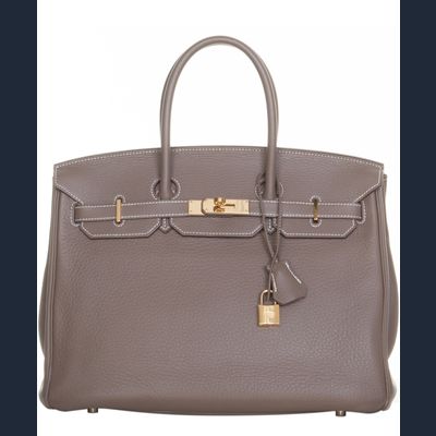 Hermès Birkin 35 Taurillon Clemence Doublure Chevre Etain
