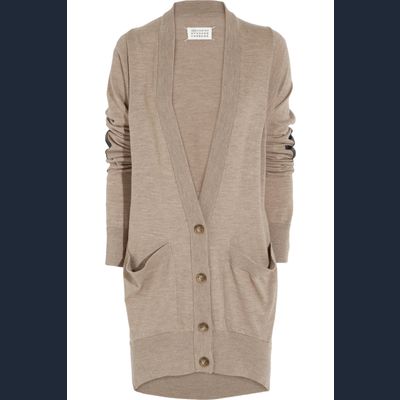 Maison Margiela Leather-detailed Taupe Wool Cardigan