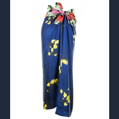 SS 2008 Dries Van Noten Blue Printed Satin-Twill Wrap Midi Skirt