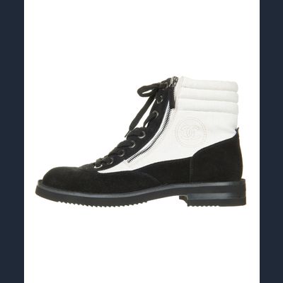 Chanel 15c Suede Canvas Cruise Cc Lace Up Short Combat Boots