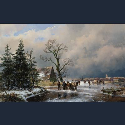 Schaatsvolk en trekslede op een bevroren vaart