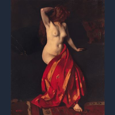 Zittend naakt met rode doek