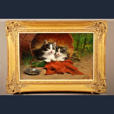 'Een poes en een kitten' (olie op doek) door Léon-Charles Huber (1858-1928), omstreeks 1880